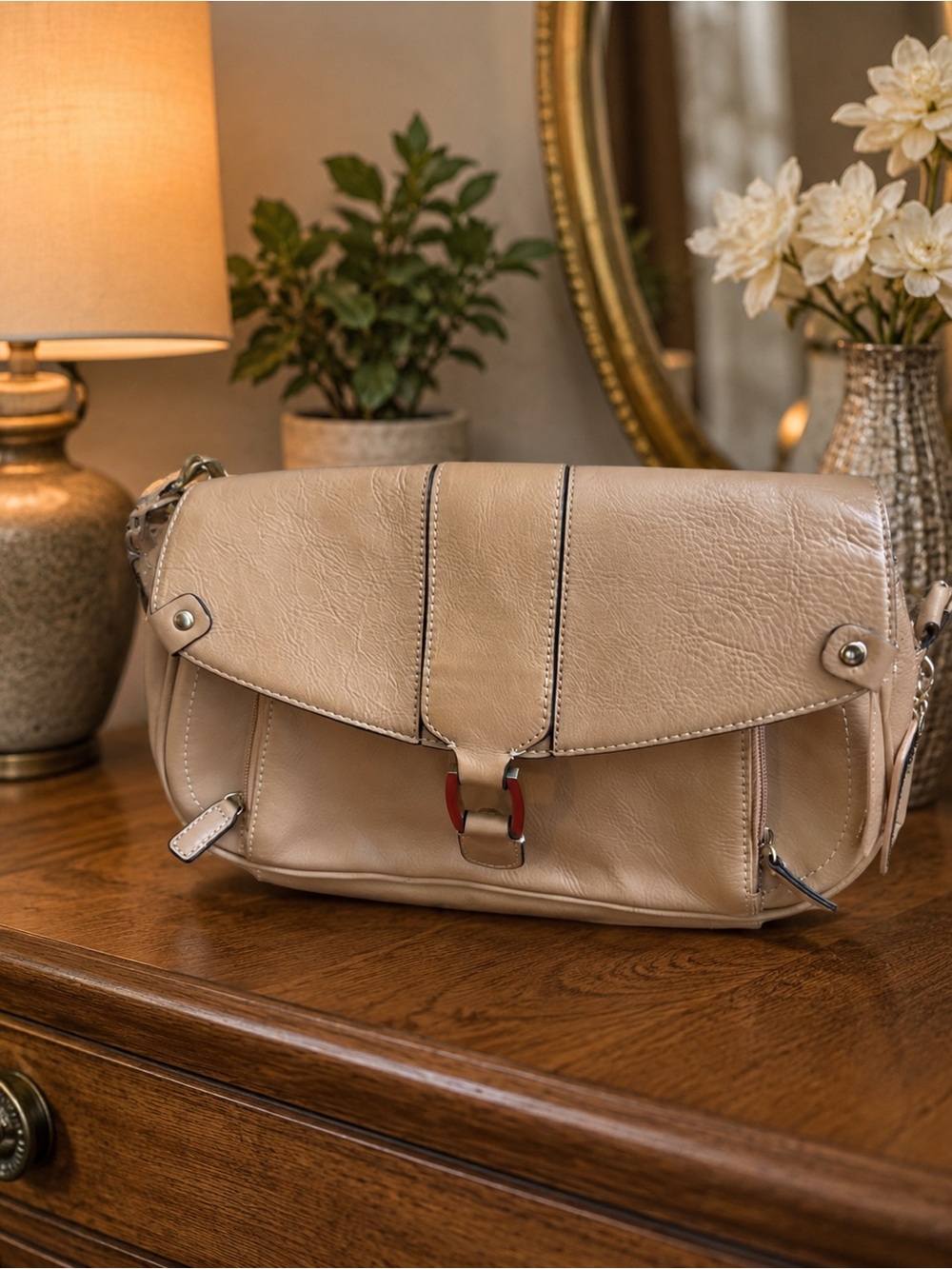 East 5th Neutral Beige Leather Crossbody Bag with Buckle Detail